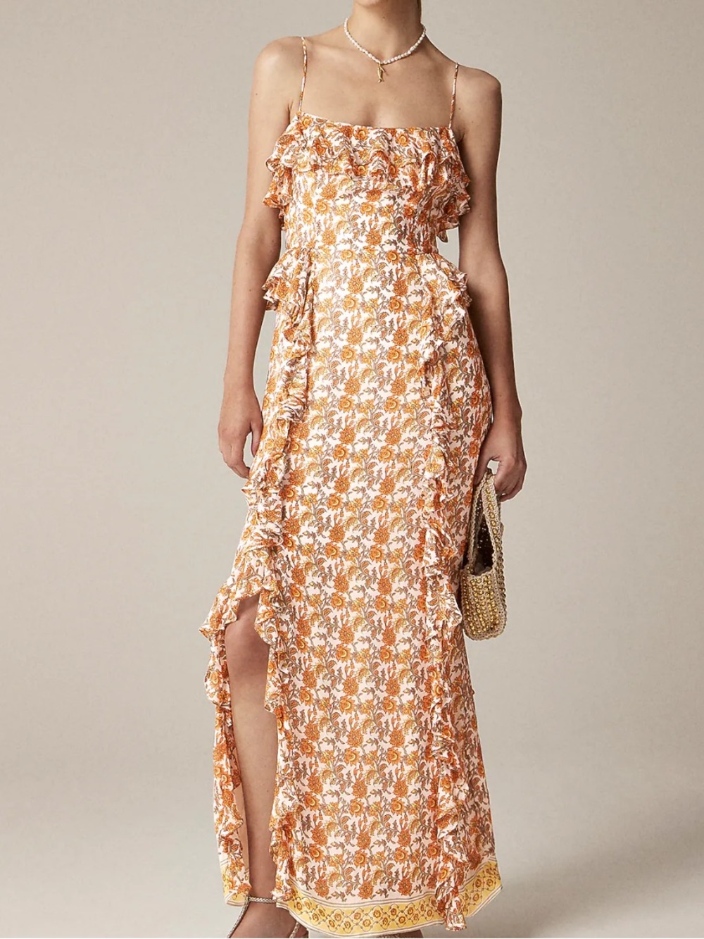 J. Crew Orange Floral Ruffle Spaghetti-Strap Maxi Dress